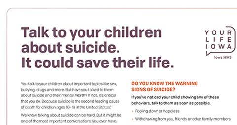 Poster that reads Talk to your children about suicide. It could save their life.