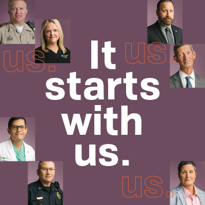 Purple square with professional individuals and the words "It starts with Us."