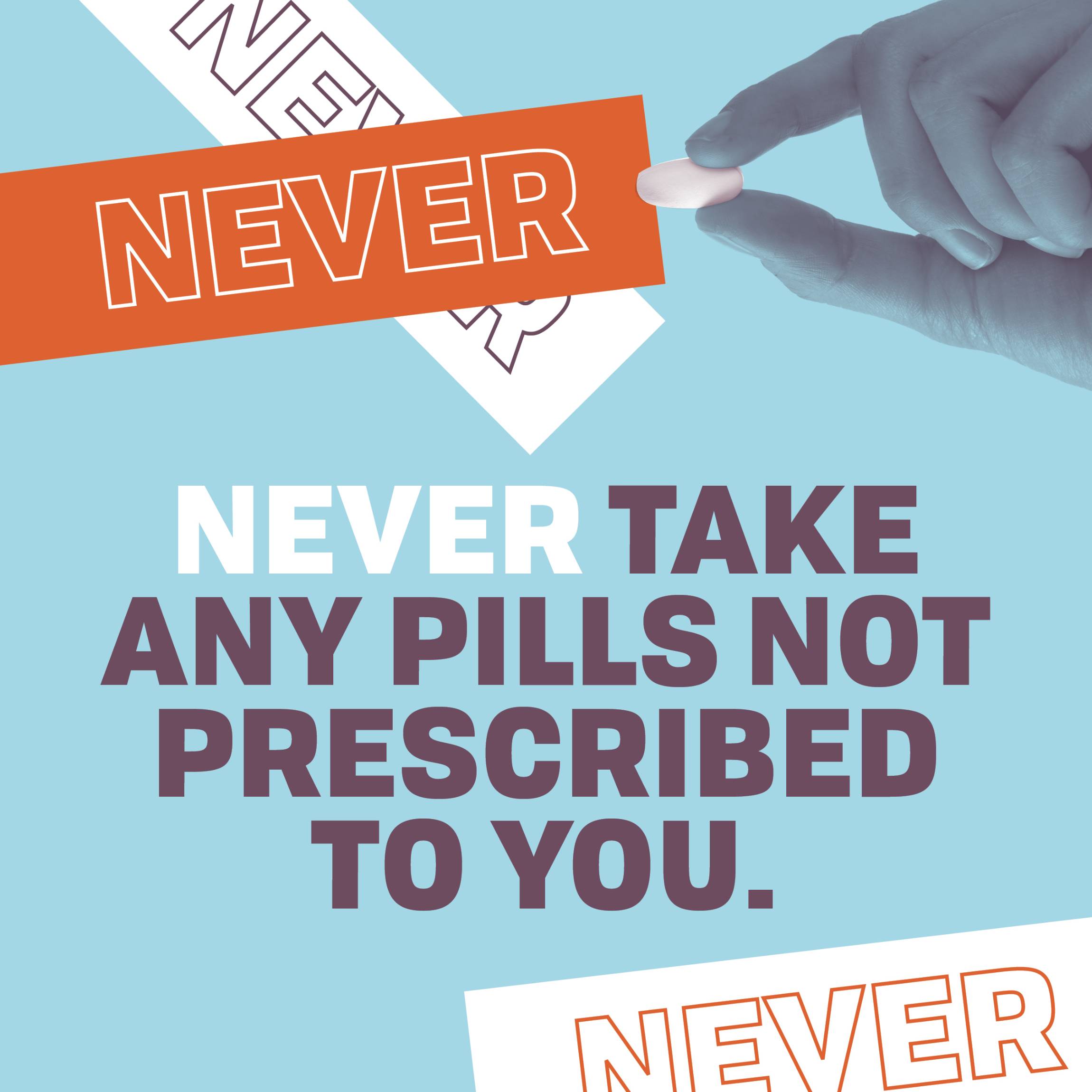 Graphic that says "Never take any pills not prescribed to you."