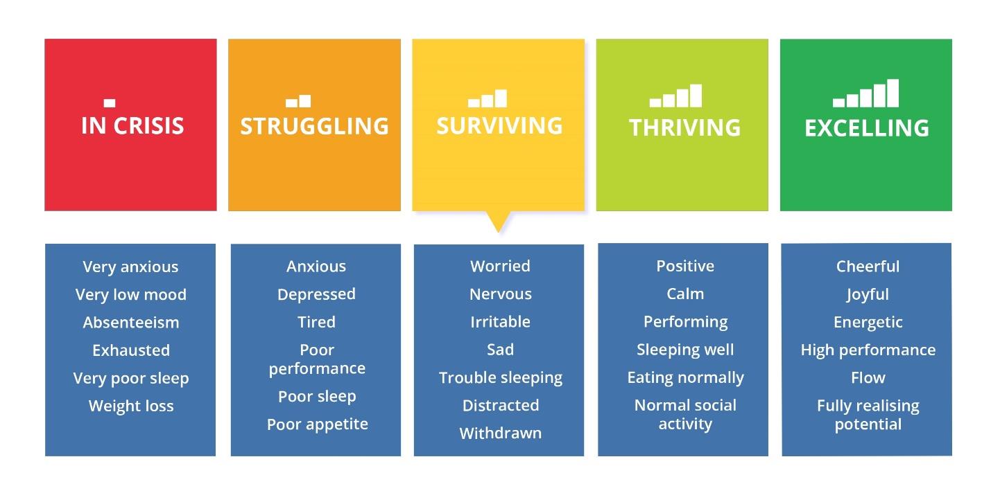 Chart of mental wellness from in crisis, to struggling, to surviving, to thriving to excelling. 