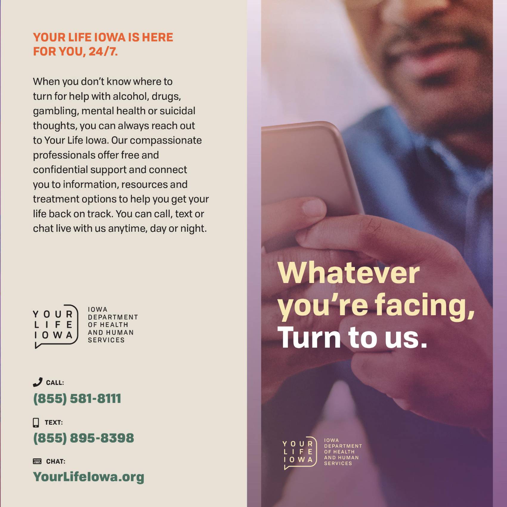 A brochure from Your Life Iowa that says, "Whatever you're facing, turn to us."