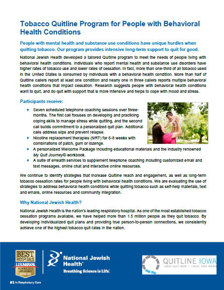 Tobacco Quitline Program for People with Behavioral Health Conditions Flyer
