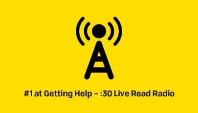 Radio antenna tower icon over the text of the radio spot title
