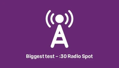 Radio antenna tower icon over the text of the radio spot title