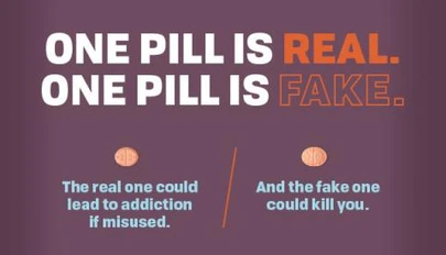 two identical looking pills with text related to the Fake Pills campaign