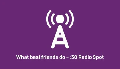 Radio antenna tower icon over the text of the radio spot title