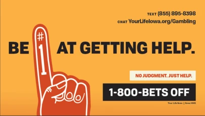 text over an orange background and a red number one hand graphic