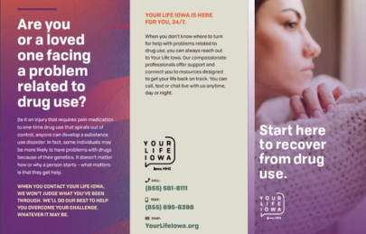 tri-fold design with photo of a woman looking contemplatively out a window