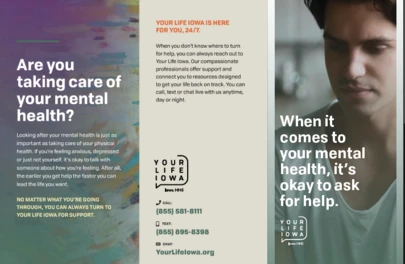 tri-fold design with photo of a man looking thoughtful
