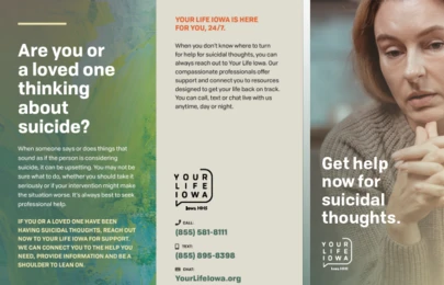 tri-fold design with photo of a woman looking sad with her chin on her thumbs