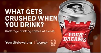 a crushed beer can next to white text on a red background