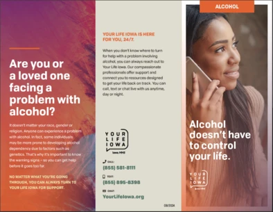 tri-fold design with photo of a woman on a cell phone