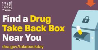 text and graphic of drug take back box over purple background