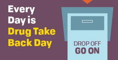 drug take back box graphic with text over a purple background