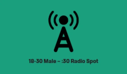 Radio antenna tower icon over the text of the radio spot title