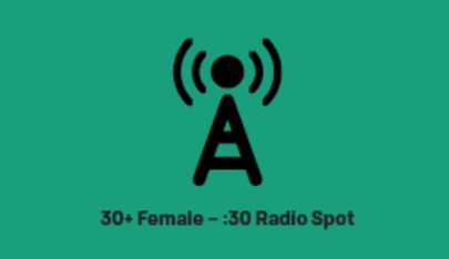 Radio antenna tower icon over the text of the radio spot title
