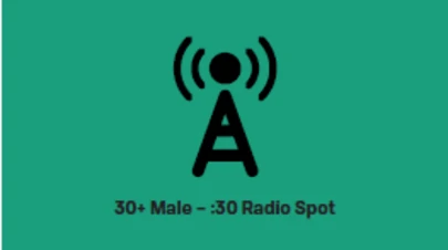 Radio antenna tower icon over the text of the radio spot title