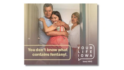 a young girl hugging an older man while an older woman watches, with text related to this campaign