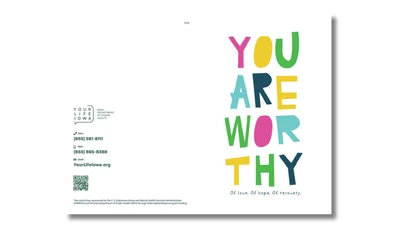 bi-fold card with colorful lettering on front saying "You Are Worthy"