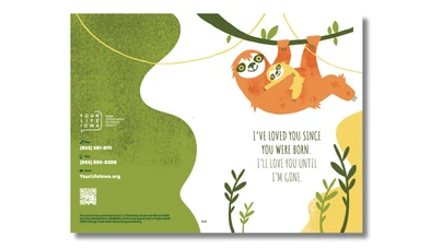 a bi-fold card with a mother and child sloth on the front
