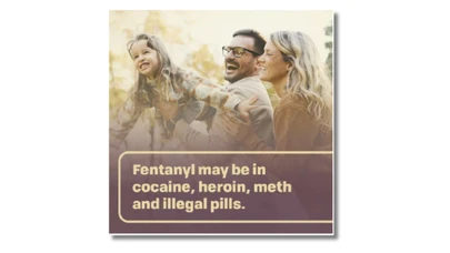 a family of three laughing together, with text related to this campaign
