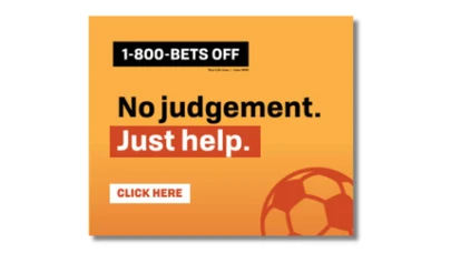 orange background, red soccer ball, and text saying "No judgement. Just help."