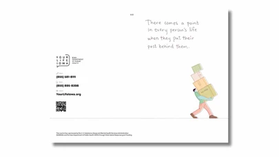 a bi-fold card with a person carrying a tall stack of boxes
