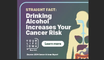 graphic illustration of a human body with facts about how alcohol can affect risks for cancer