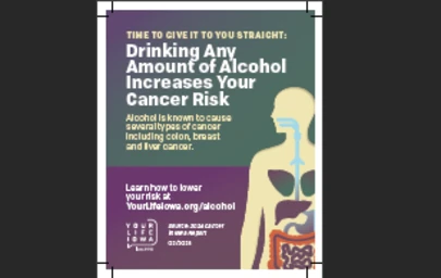 graphic illustration of a human body with facts about how alcohol can affect risks for cancer