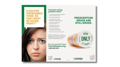 tri-fold brochure design with photos of a prescription pill bottle and a person looking confused