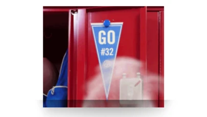 close-up of the inside of a red school locker with smoke rising in front of it