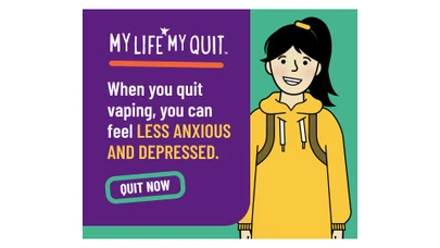 a cartoon teen, smiling and wearing a backpack with text related to this campaign