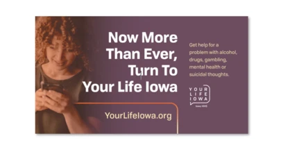 A woman on her phone with text information about the Your Life Iowa resources