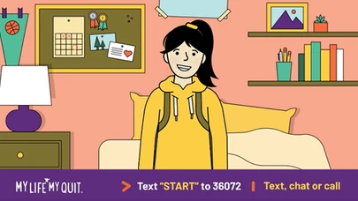 cartoon style girl wearing a backpack in a living room