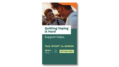 two teens smiling together outside, with text related to the campaign below