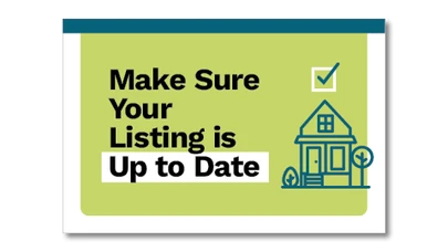 black text over a green background and a house icon