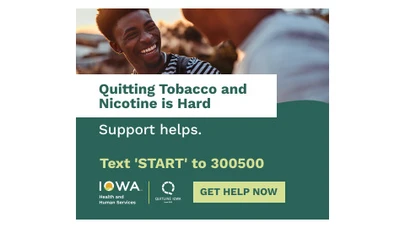 two teens smiling together outside, with text related to the campaign below