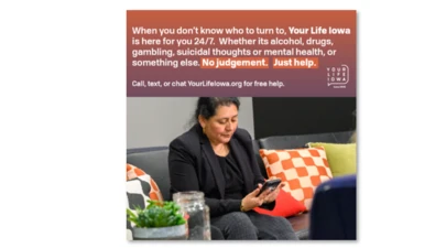 a woman sitting while holding a cell phone, with text related to this campaign