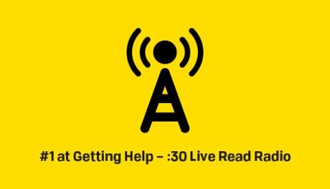 Radio antenna tower icon over the text of the radio spot title