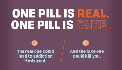 two identical looking pills with text related to the Fake Pills campaign