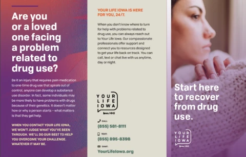 tri-fold design with photo of a woman looking contemplatively out a window