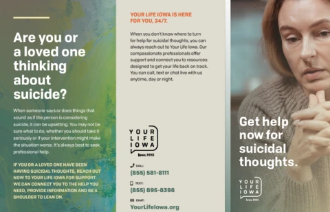 tri-fold design with photo of a woman looking sad with her chin on her thumbs