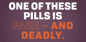 Text related to the Fake Pills campaign over a purple background