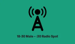 Radio antenna tower icon over the text of the radio spot title