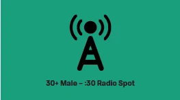 Radio antenna tower icon over the text of the radio spot title