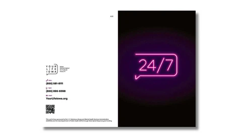 bi-fold card with neon pink 24/7 lettering on the front
