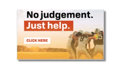 a group of football players in a huddle, with text