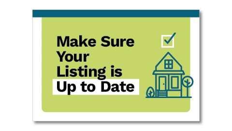 black text over a green background and a house icon