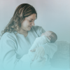 Stock photo of young woman holding a baby.